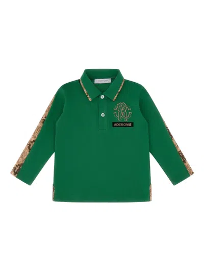Roberto Cavalli Logo-embroidered Long-sleeve Polo Shirt In Green