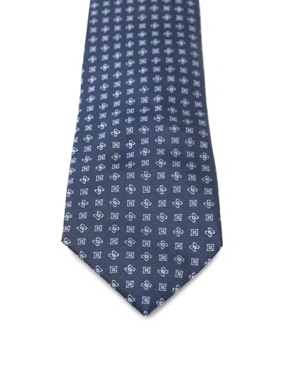 Corneliani Blue Tie With Embroidered Geometric Patterns  In Blue