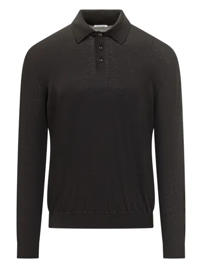 Malo Black Virgin Wool Long Sleeve Polo Shirt In Brown