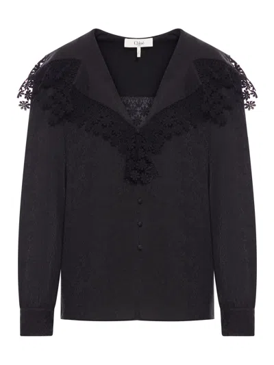Chloé Blouse With Maxi Collar In Silk Jacquard And Lace In Black
