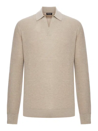 Zegna Cashmere Polo With Long Sleeves And Ribbed Hem In Multi