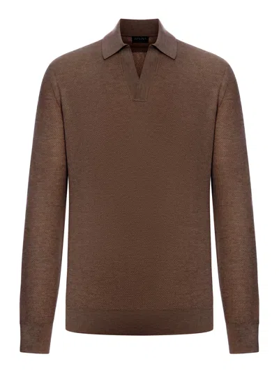 Zegna Cashmere Jacquard Long Sleeve Polo In Brown