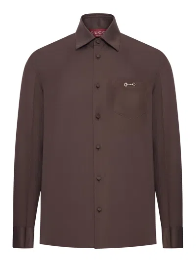 Gucci Twill Shirt With Snap Pocket And Long Sleeves In Brown