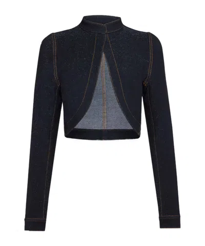 Alaïa Denim Knit Cropped Cut-out Jacket In Black