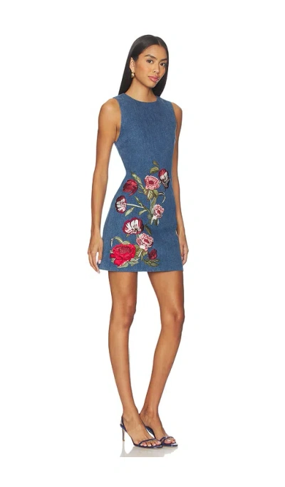 Alice And Olivia Cade Embroidered Sleeveless Denim Mini Shift Dress In Blue