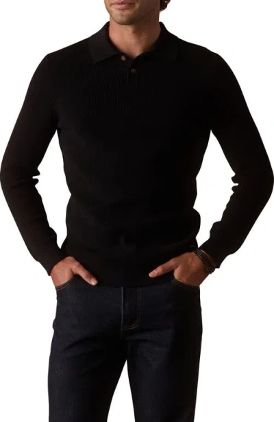 The Normal Brand Robles Long Sleeve Waffle Cotton Polo Sweater In Black
