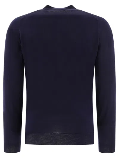 John Smedley Classic Navy Wool Long Sleeve Polo With Ribbed Cuffs In Blue