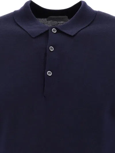 John Smedley Classic Navy Wool Long Sleeve Polo With Ribbed Cuffs In Blue