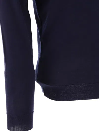 John Smedley Classic Navy Wool Long Sleeve Polo With Ribbed Cuffs In Blue