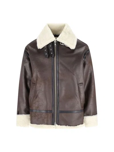 Dunst Loose Fit Shearling Collar Jacket With Buckle Hem In Brown