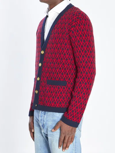 Valentino Toute La V Jacquard Wool Cardigan In Red