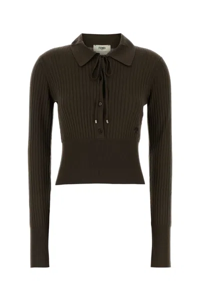 Fendi Women Mud Stretch Wool Polo Shirt In Brown
