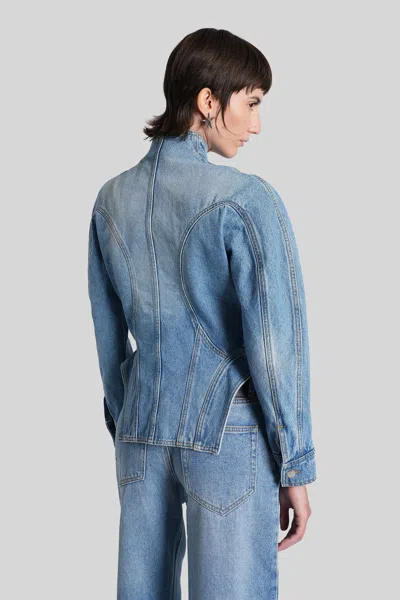 Mugler Tailored Jacket With Cinched Waist And Structured Shoulders In Blue