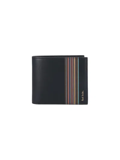 Paul Smith Calf Leather Wallet With Vertical Multicolor Stripe Detail In Black