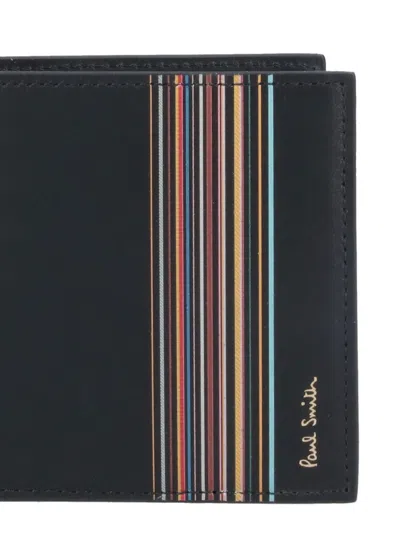Paul Smith Calf Leather Wallet With Vertical Multicolor Stripe Detail In Black