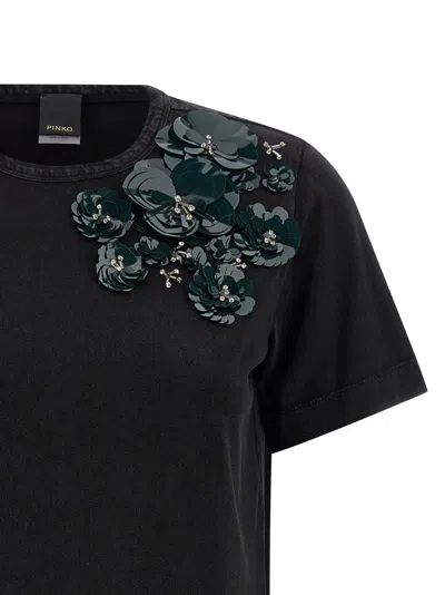 Pinko T-shirt With Flowers Embroidery In Black
