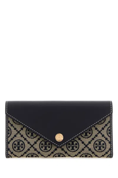 Tory Burch Embroidered Canvas T Monogram Envelope Wallet In Black