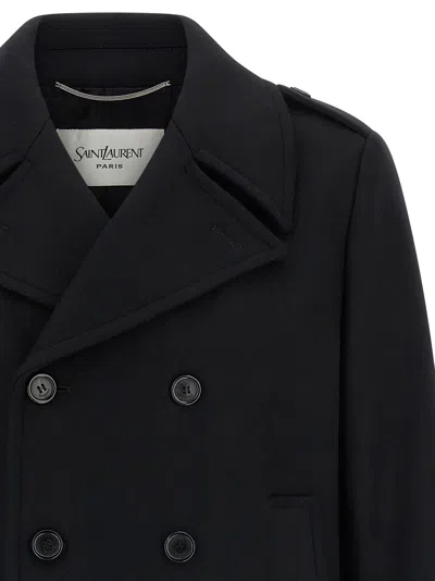 Saint Laurent Black Double-breasted Coat With Wide Notched Revers In Wool Man In Black