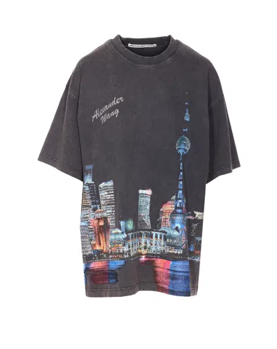 Alexander Wang Shanghai Skyline Graphic Rhinestone T-shirt In Gray