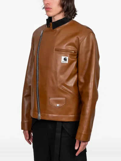 Sacai Carhartt Wip Collaboration Leather Jacket In Brown