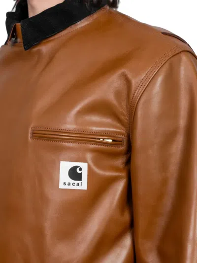 Sacai Carhartt Wip Collaboration Leather Jacket In Brown