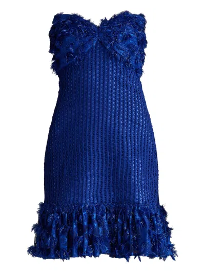 Tadashi Shoji Carmen Frayed Strapless Dress In Blue