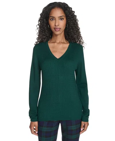Tommy Hilfiger Women's V-neck Cable Sweater In Green