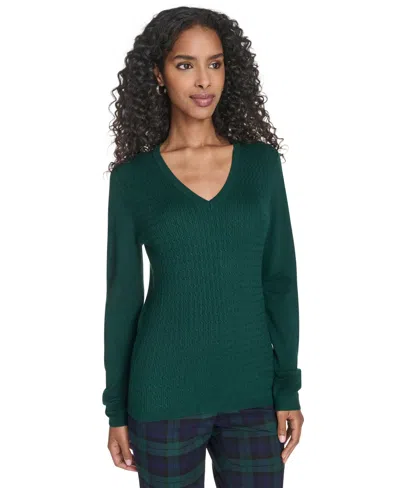 Tommy Hilfiger Women's V-neck Cable Sweater In Green