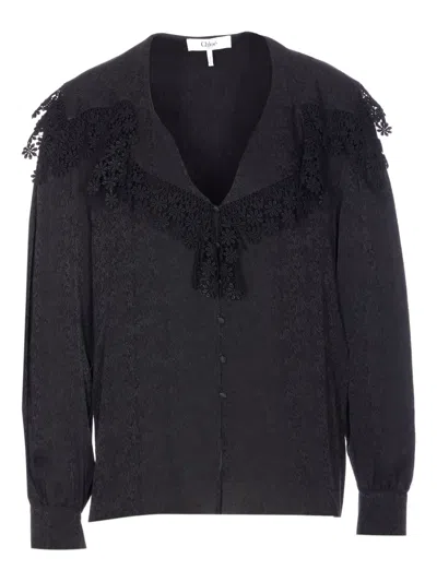 Chloé Blouse With Maxi Collar In Silk Jacquard And Lace In Black