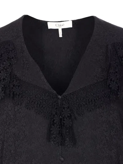 Chloé Blouse With Maxi Collar In Silk Jacquard And Lace In Black