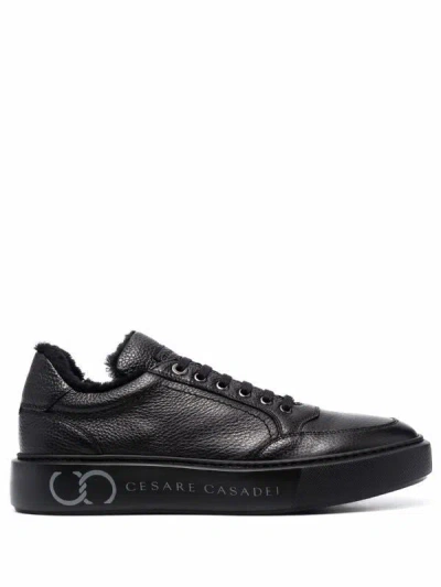 Casadei Textured Black Leather Low-top Sneakers With Fur Lining In Black