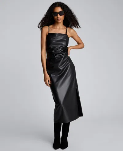 Kenneth Cole Side Pleat Faux Leather Midi Dress In Black