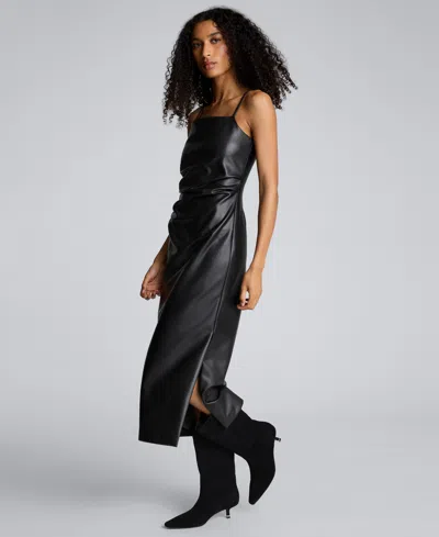 Kenneth Cole Side Pleat Faux Leather Midi Dress In Black