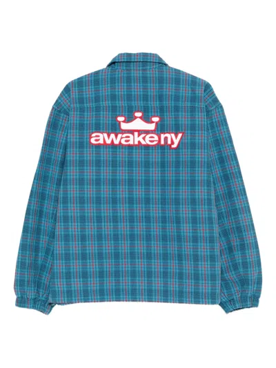 Awake Ny Zip Up Overshirt With Logo And Pockets In Blue