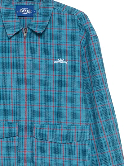 Awake Ny Zip Up Overshirt With Logo And Pockets In Blue