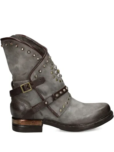 As98 Studded Buckled Leather Boot In Gray