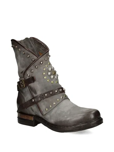 As98 Studded Buckled Leather Boot In Gray