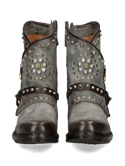 As98 Studded Buckled Leather Boot In Gray