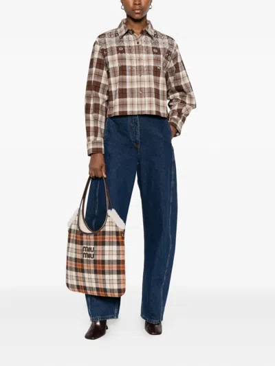 Maje Embellished Check-pattern Shirt In Brown
