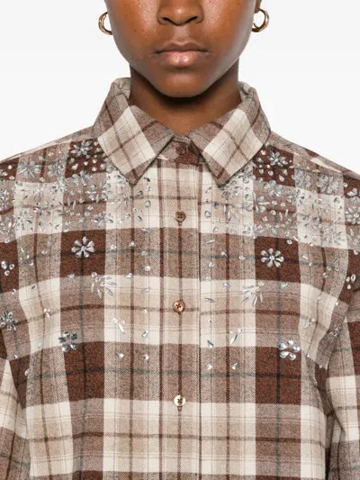 Maje Embellished Check-pattern Shirt In Brown