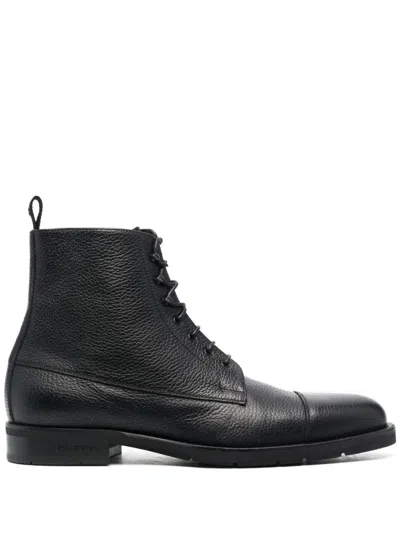 Baldinini Lace-up Black Leather Ankle Boots With Textured Upper And Side Zipper In Black
