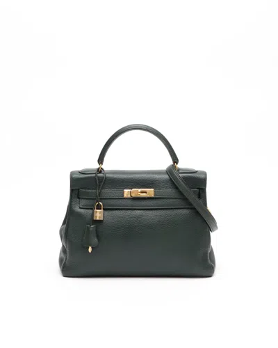 Pre-owned Hermes Hermès Kelly 32 Retourne Taurillon Clemence Bag In Green