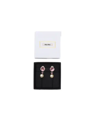 Miu Miu Rhinestone And Dangling Pearl Clip-on Earrings In Multi