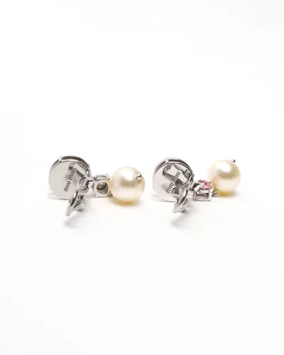 Miu Miu Rhinestone And Dangling Pearl Clip-on Earrings In Multi