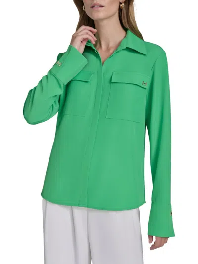 Halston Women's Logo Appliqué Curved Hem Shirt In Green