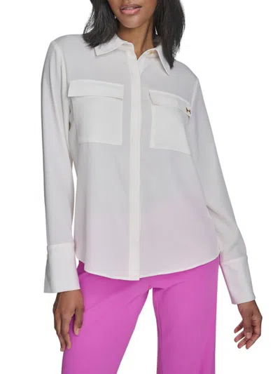 Halston Women's Logo Appliqué Curved Hem Shirt In White