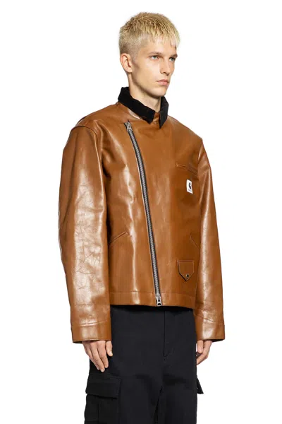 Sacai Carhartt Wip Collaboration Leather Jacket In Brown