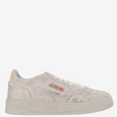 Autry Medalist Low Sneakers In Worn-out Effect Suede With Rhinestones In Neutral