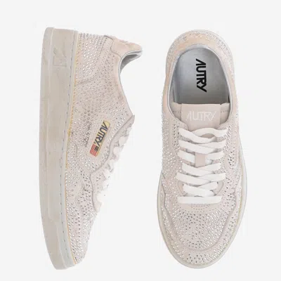 Autry Medalist Low Sneakers In Worn-out Effect Suede With Rhinestones In Neutral