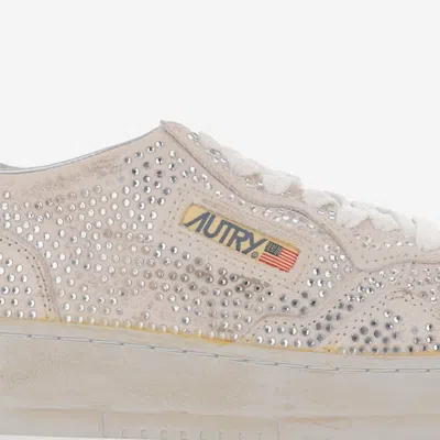 Autry Medalist Low Sneakers In Worn-out Effect Suede With Rhinestones In Neutral